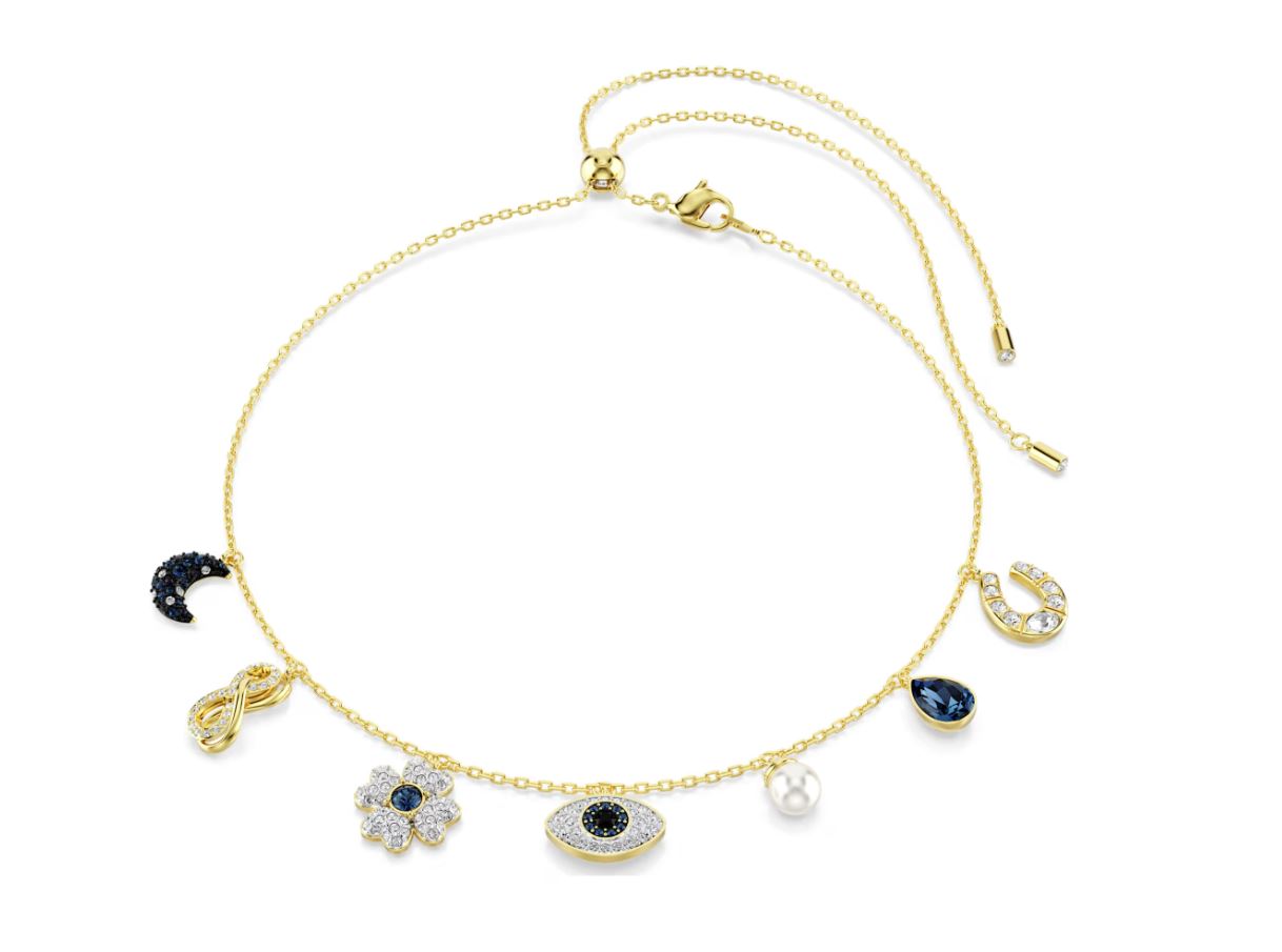 Symbolica choker Crystal pearl, Moon, infinity, clover, evil eye and horseshoe, Blue, 18k gold finish