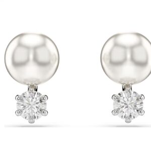 Matrix stud earrings Crystal pearl, Round cut, White, Rhodium plated