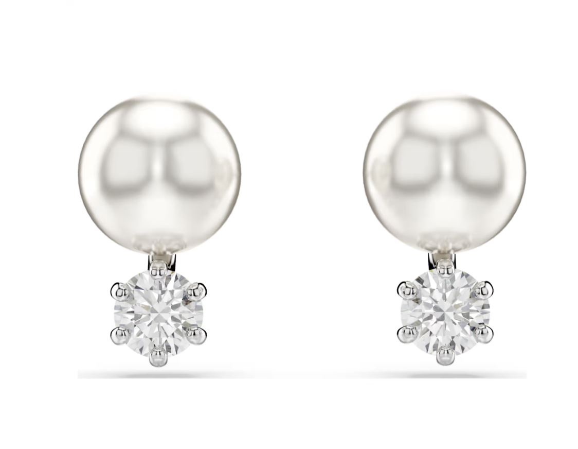 Matrix stud earrings Crystal pearl, Round cut, White, Rhodium plated