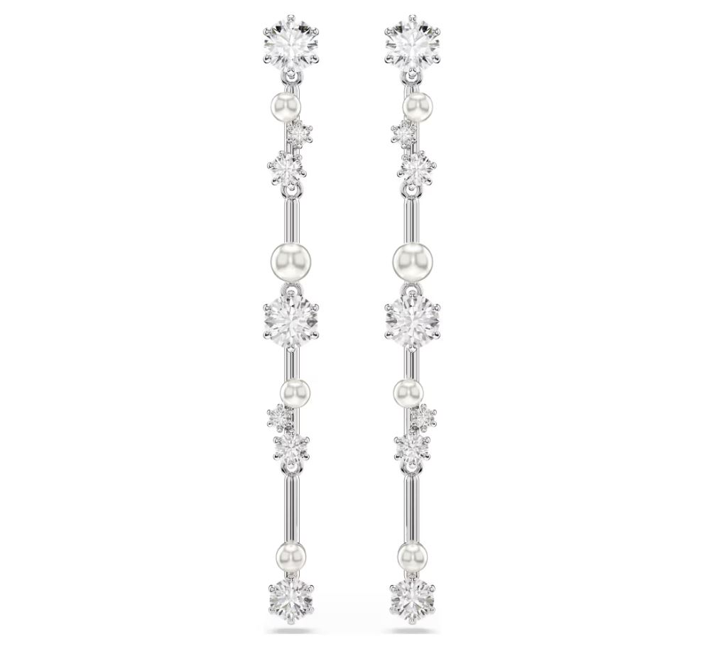 Constella drop earrings Crystal pearl, Round cuts, White, Rhodium plated