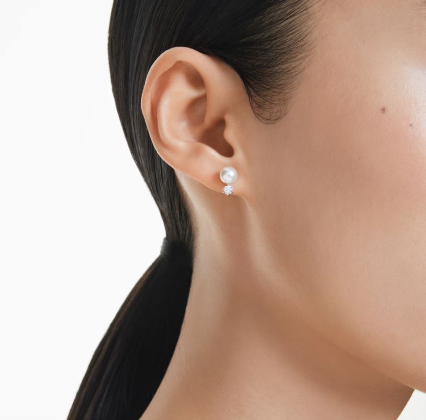 Matrix stud earrings Crystal pearl, Round cut, White, Rhodium plated - Image 2