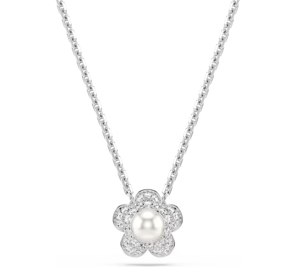 Ariana Grande x Swarovski pendant Crystal pearl, Round cut, Flower, White, Rhodium plated