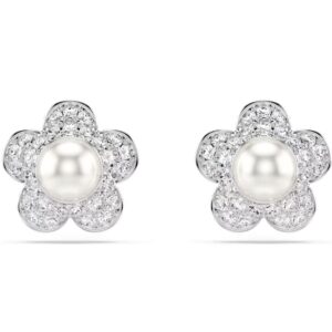Ariana Grande x Swarovski stud earrings Crystal pearl, Round cut, Flower, White, Rhodium plated