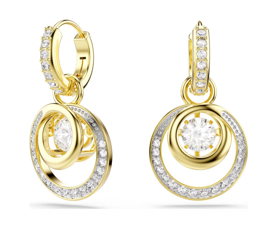 Hyperbola drop earrings Round cut, White, 18K gold finish