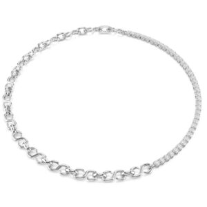 Matrix necklace S-shape, Round cut, White, Rhodium plated