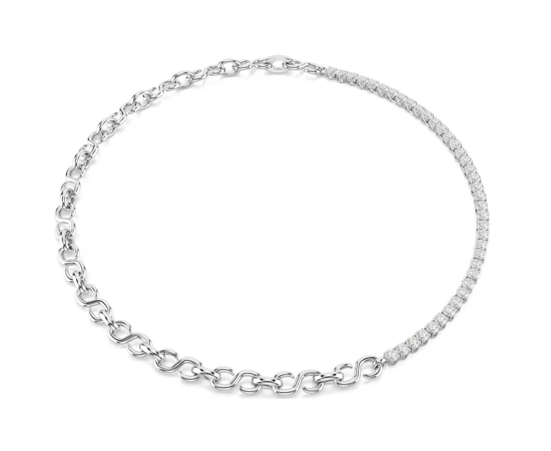 Matrix necklace S-shape, Round cut, White, Rhodium plated