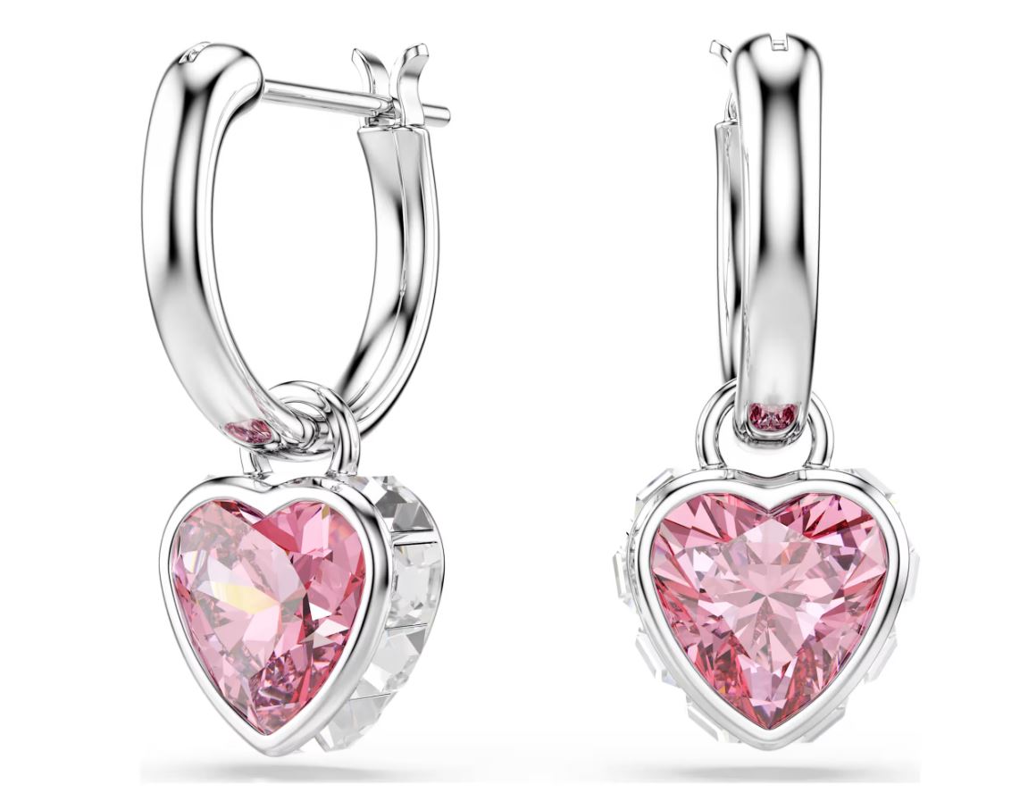 Chroma drop earrings Heart, Pink, Rhodium plated