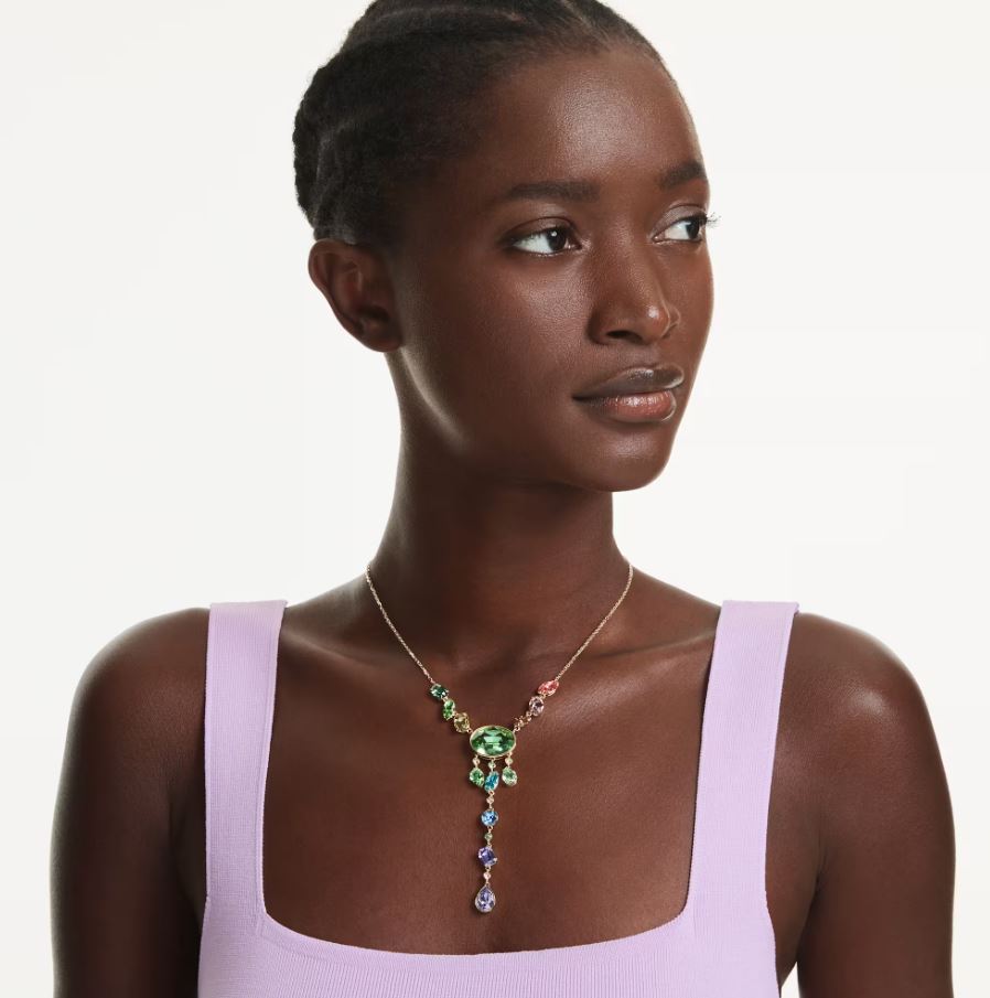 Gema Y necklace Mixed cuts, Multicoloured, 18K gold finish - Image 2