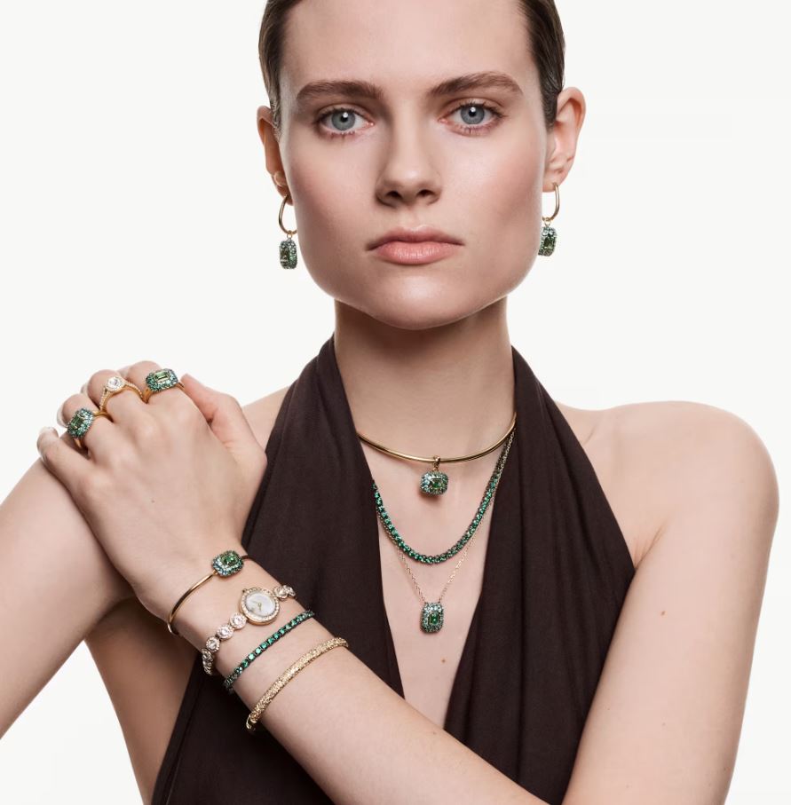Sublima drop earrings Octagon cut, Green, 18K gold finish - Image 3