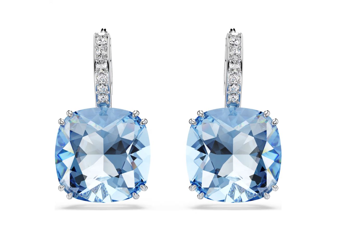 Millenia drop earrings Cushion cut, Blue, Rhodium plated