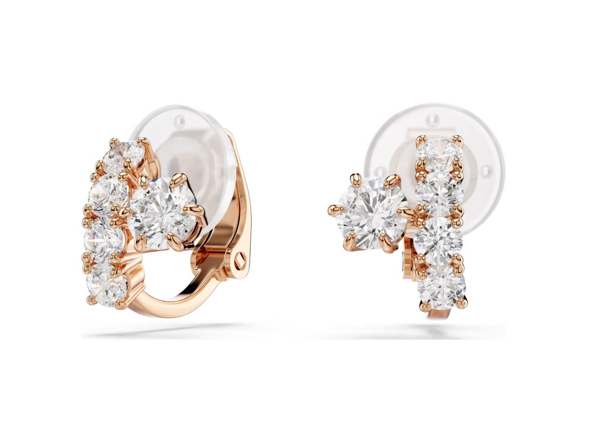 Matrix clip earrings Round cut, White, 18K rose gold finish