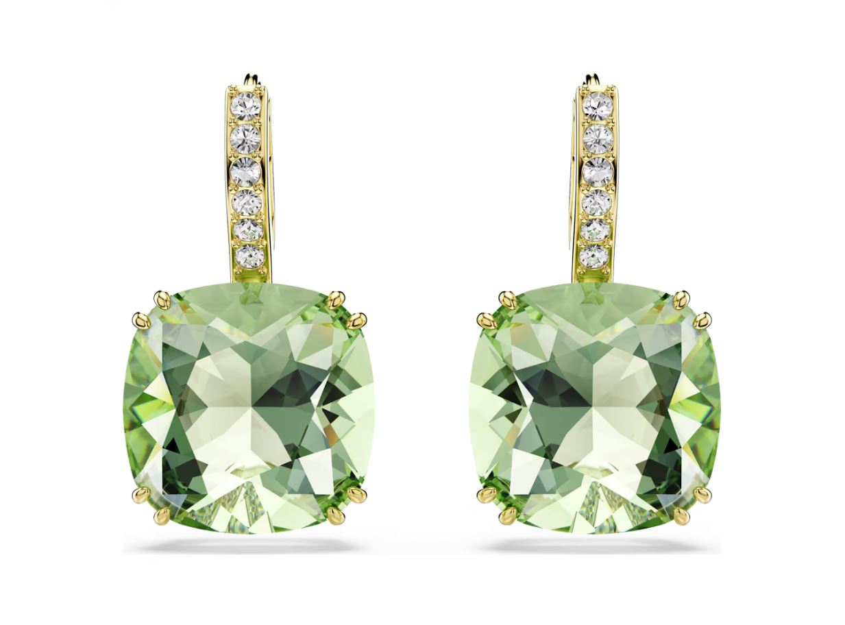 Millenia drop earrings Cushion cut, Green, 18K gold finish