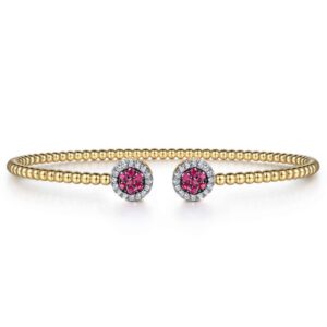 Preorder – 14K Yellow Gold Bujukan Bead Cuff Bracelet with Ruby and Diamond Halo Caps