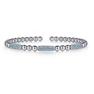 925 Sterling Silver Blue Topaz Pave Three Station Bar Bujukan Beads Split Bangle Bracelet