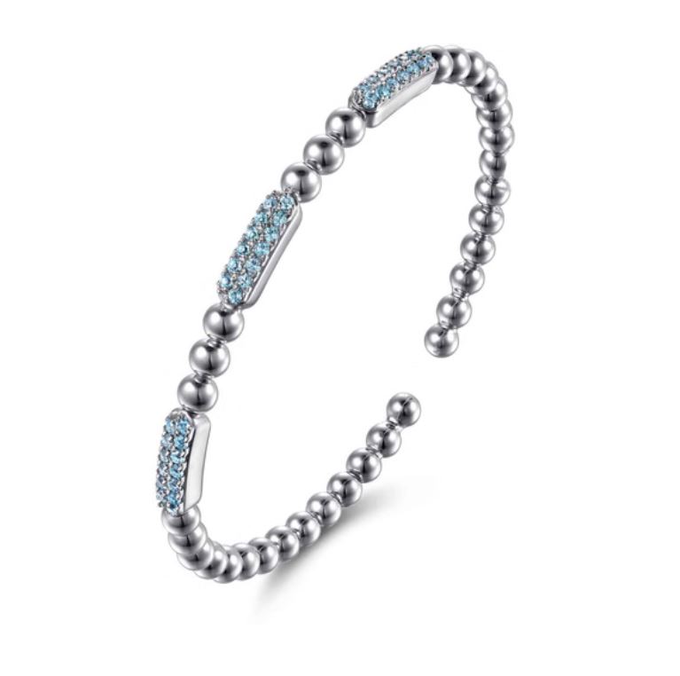 925 Sterling Silver Blue Topaz Pave Three Station Bar Bujukan Beads Split Bangle Bracelet - Image 2