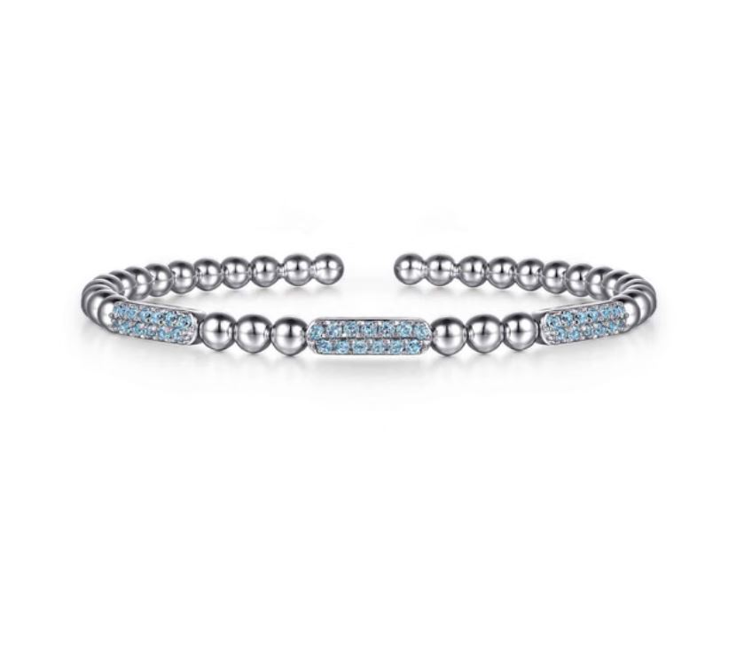 925 Sterling Silver Blue Topaz Pave Three Station Bar Bujukan Beads Split Bangle Bracelet