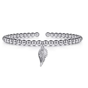 925 Sterling Silver Bujukan Beaded Angel Wing Charm Bangle Bracelet