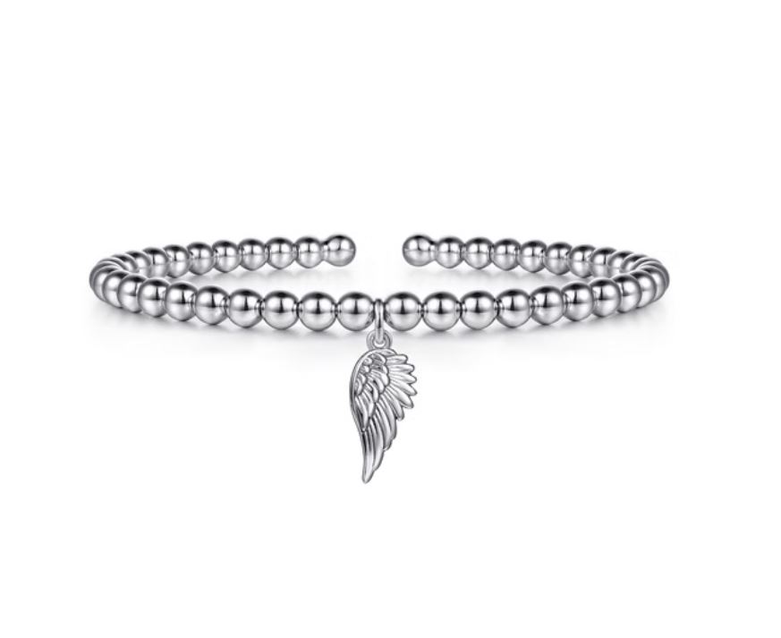 925 Sterling Silver Bujukan Beaded Angel Wing Charm Bangle Bracelet