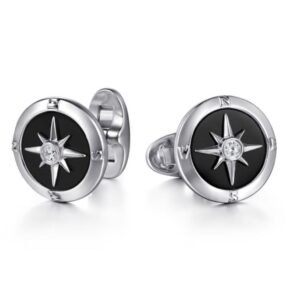 925 Sterling Silver Round Compass Cufflinks Diamond and Onyx