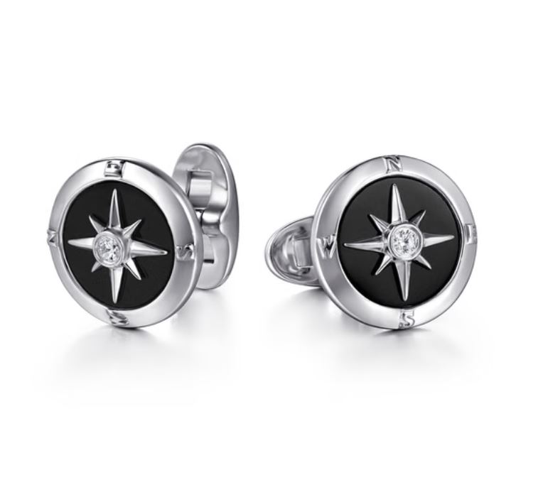 925 Sterling Silver Round Compass Cufflinks Diamond and Onyx