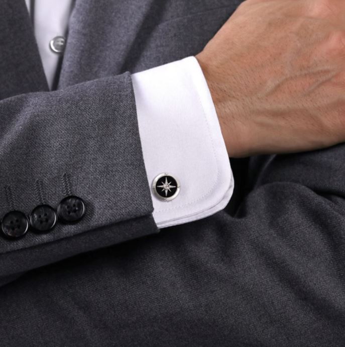 925 Sterling Silver Round Compass Cufflinks Diamond and Onyx - Image 2