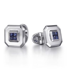 925 Sterling Silver Square Cufflinks with Princess Cut Sapphire Stones