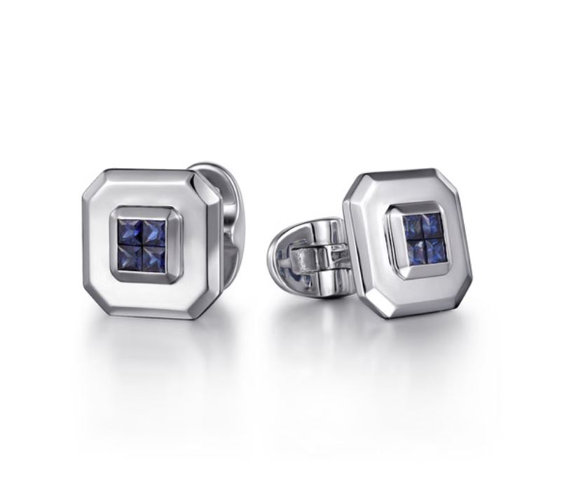 925 Sterling Silver Square Cufflinks with Princess Cut Sapphire Stones