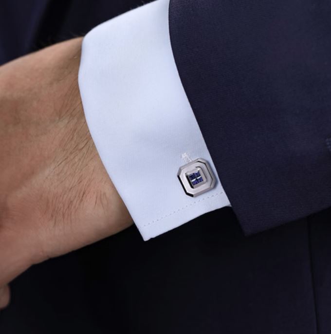 925 Sterling Silver Square Cufflinks with Princess Cut Sapphire Stones - Image 2