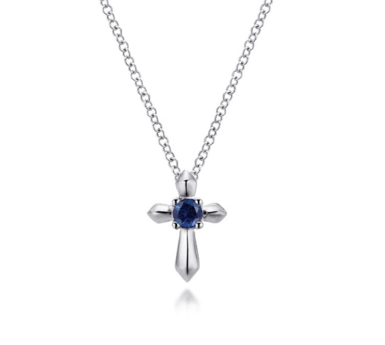Preorder – 925 Sterling Silver Round Sapphire Cross Pendant Necklace