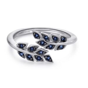 Preorder – Floral - Sterling Silver Bypass Leaf Wrap Ring with Sapphire Stones With Brush Finish
