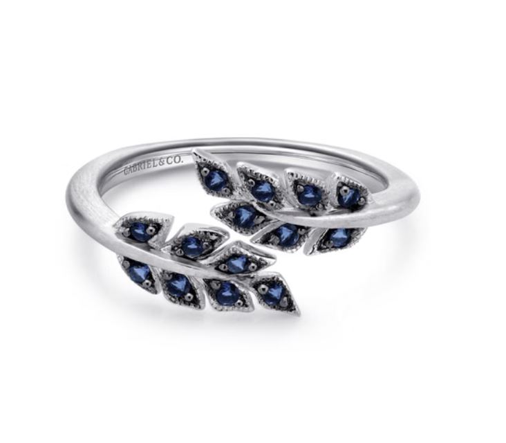 Preorder – Floral - Sterling Silver Bypass Leaf Wrap Ring with Sapphire Stones With Brush Finish