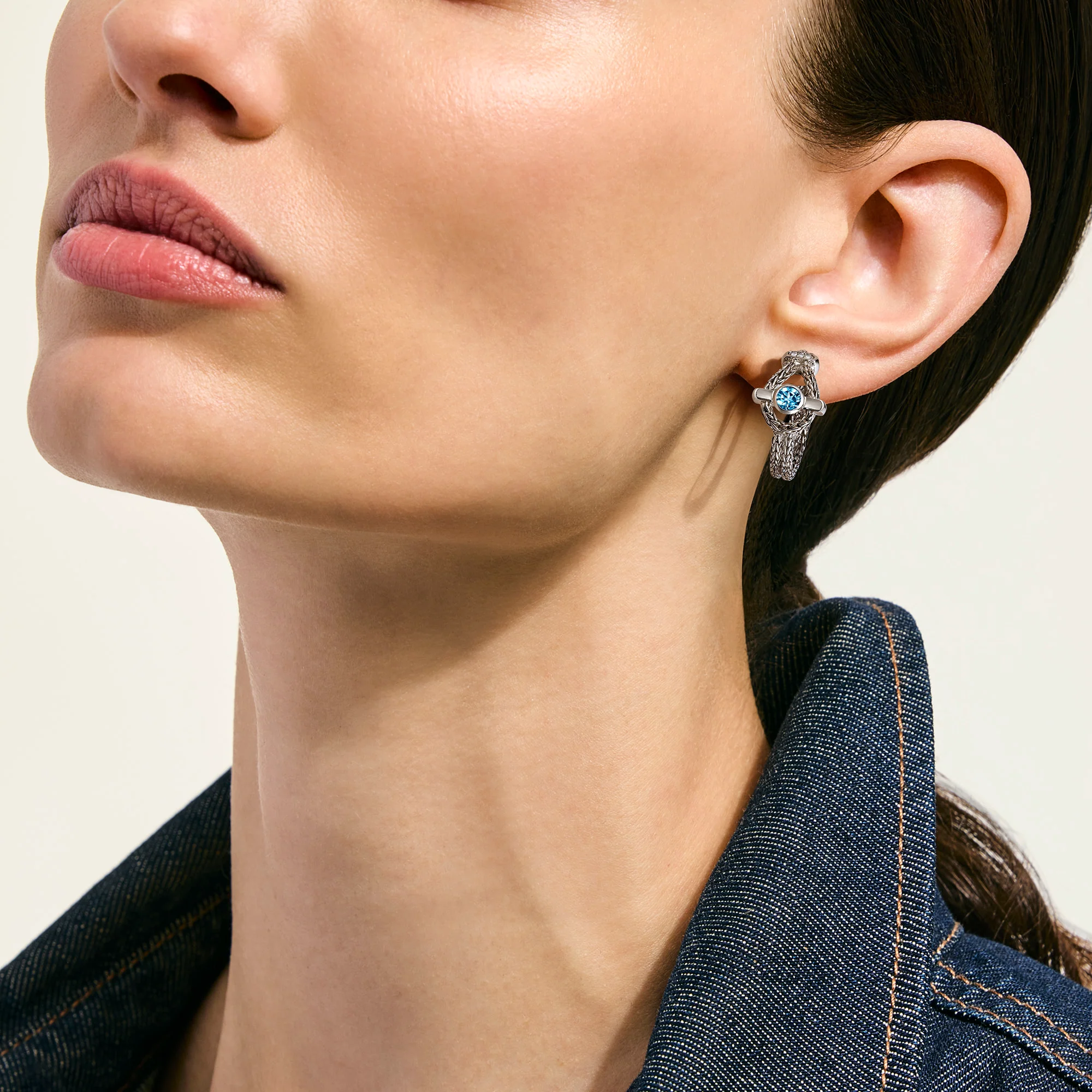 Icon Hoop Earrings, Sterling Silver, Swiss Blue Topaz, 21MM - Image 4
